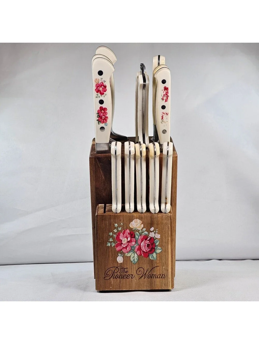 Pioneer Woman Vtg Floral 14 Piece Cutlery Set Wood Block Cream Floral Handles